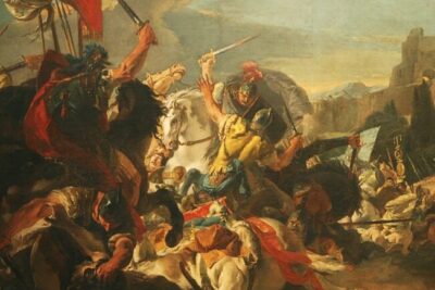 Baroque battle painting of rearing horses, clashing warriors and banners conveying lighed og fierce motion.