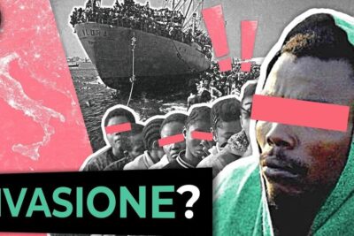 Collage showing crowded migrant ship, lined arrivals and a map of Italy highlighting limmigrazione portare
