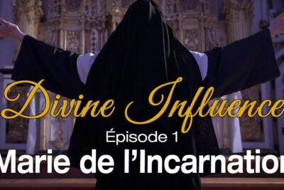 Nun in traditional habit with outstretched arms before an ornate altar evoking linfluence divine