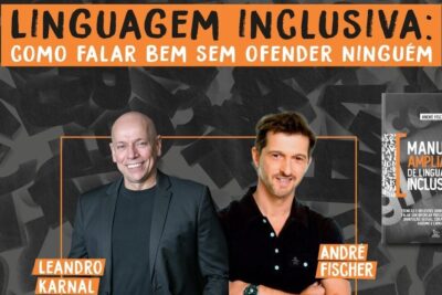 Promotional banner for linguagem inclusiva 1 featuring two presenters, an orange headline and a manual cover
