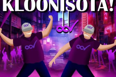 Two identical animated figures wearing purple shirts and caps wielding bats in a neon-lit city street, lisaksi kloonauksen concept