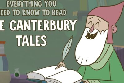 Cartoon medieval scribe with quill and open book illustrating litterar verk 1 and The Canterbury Tales