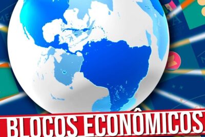 Blue and white globe with flags and a red banner reading BLOCOS ECONÔMICOS, livre comercio 3