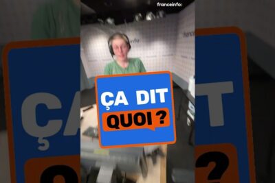 Franceinfo studio presenter wearing headphones behind a desk with a prominent 'Ça dit quoi?' graphic, loi trans