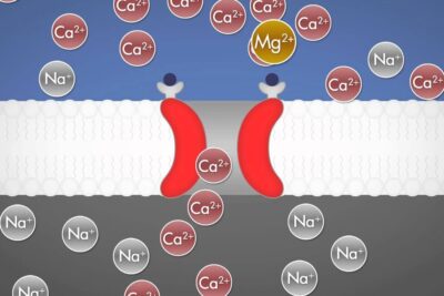 Schematic cell membrane cross-section showing Ca2+, Na+, and Mg2+ ions passing through a red ion channel, illustrating long terme ion movement.