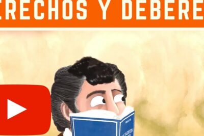 Cartoon person reading a blue book about rights with a red video play icon, highlighting los deberes 2