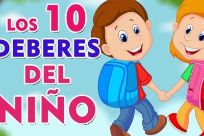 Bright cartoon of two smiling children with backpacks and bold text highlighting los deberes 3 about responsibilities