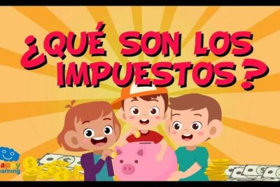 Three children holding a piggy bank surrounded by coins and bills learning about los impuestos.
