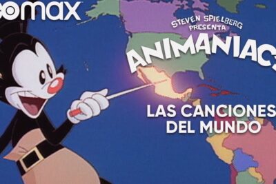 Animated character Yakko pointing to a colorful map while highlighting los paises