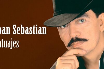 Close-up portrait of a mustachioed man in a hat with bold poster text and warm brown background, los tatuajes 2.