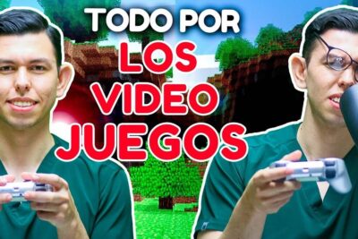 Gamer in green scrubs holding a controller before a Minecraft landscape with bold text referencing los videojuegos 3