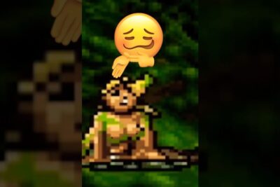 Pixelated jungle warrior with a pondering emoji overhead in a retro scene from los videojuegos 7.