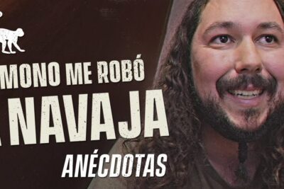 Close-up thumbnail of a smiling long-haired man next to bold text about a monkey stealing a knife, los zoos 2