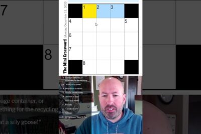 Mini crossword grid and on-screen host demonstrating lose krydsord in a video screenshot