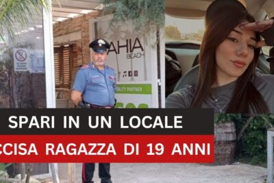 Police officer at a beach club entrance next to a photo of a young woman and a bold headline about lotta lomicidio