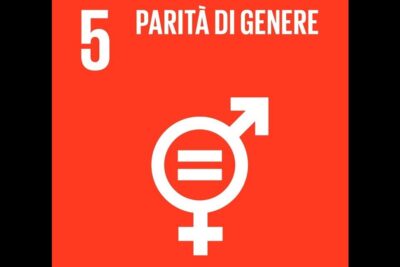 Red poster with combined male-female equality symbol and text luguaglianza genere
