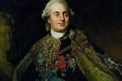 Eighteenth-century royal portrait of a monarch wearing ornate ceremonial robes and a powdered wig