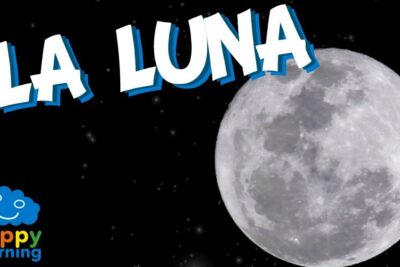 Large detailed full moon with starry background, bold LA LUNA text and Happy Learning logo labeled luna planeta 1.