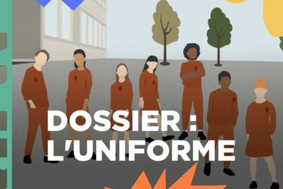 Stylized group of diverse students wearing coordinated orange school uniforms representing luniforme scolaire 1.