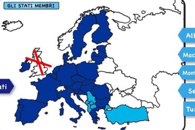 Map of Europe showing EU member states in dark blue, candidate countries in light blue and the United Kingdom crossed out, lunione europea 1.