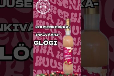 A tall bottle of spruce-tip and ginger glögi on a patterned festive background luonnolliset ruuat 1