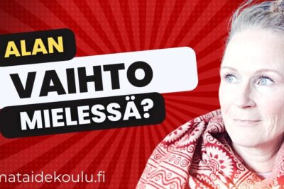 Portrait of a thoughtful woman on a red burst background with bold Finnish headline and luovan alan 1