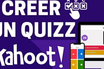 Visual of Kahoot branded purple screen with desktop and smartphone interfaces illustrating lutilisation kahoot