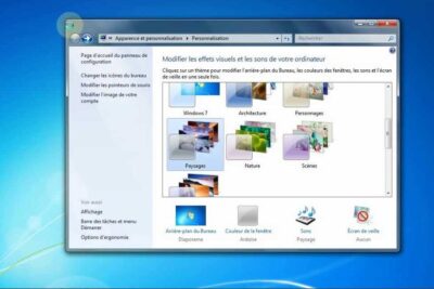 Windows 7 personalization window showing theme thumbnails, desktop background and settings for lutilisation lordinateur.