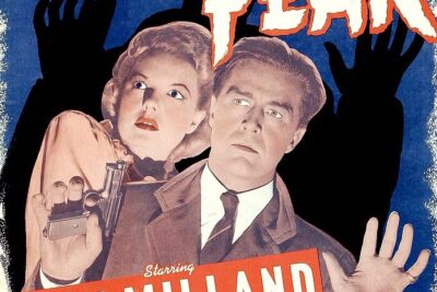 Vintage suspense movie poster featuring a startled woman holding a pistol and a tense man framed by shadowy hands, mainonta voi 1