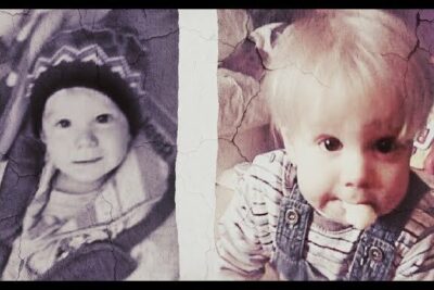Two side-by-side infant portraits with a cracked vintage texture illustrating themes of maltraitance enfants and child welfare