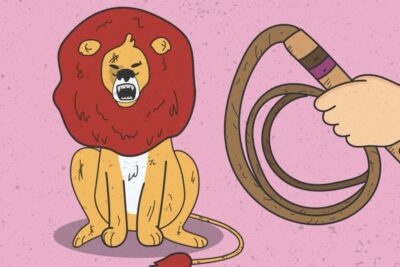 Cartoon snarling lion seated next to a raised whip evoking maltrato animal 6.
