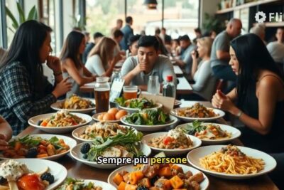 Crowded communal dining table with assorted plates, salads and people eating, maltratto animale 2