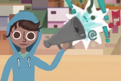Illustrated young person in a hoodie holding a megaphone broadcasting symbols about manskliga rattigheter