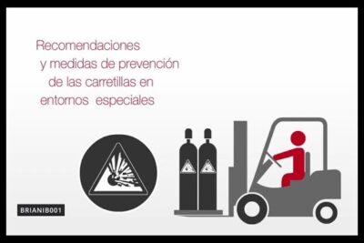 Forklift operator silhouette next to gas cylinders and an explosion hazard symbol for mantenimiento almacen 1