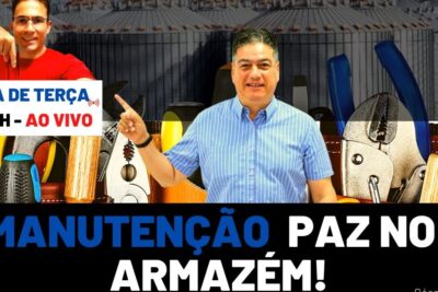 Two presenters in front of hand tools and warehouse visuals promoting manutencao armazem