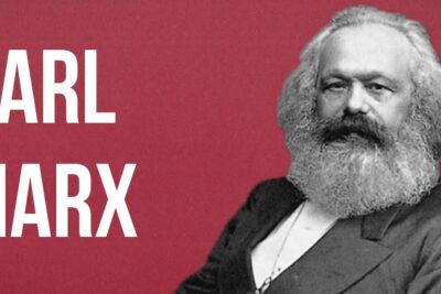 Vintage bearded thinker portrait with bold white typography on a deep red background, marx teorier 1.
