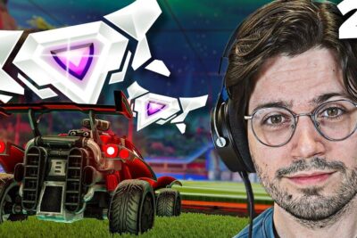 Player with headset and Rocket League car on the field demonstrating how to mate a rival with aerial control.