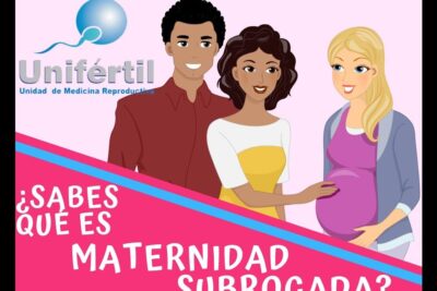 Illustration of a smiling couple and a pregnant surrogate under a banner about maternidad subrogada 2.