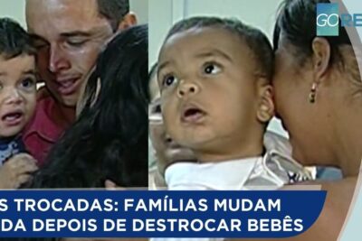 Parents and infants in a news collage depicting maternidade substituicao 1 and a hospital baby mix-up.