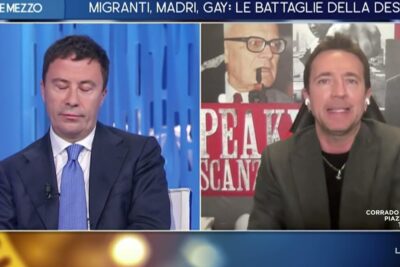 Split-screen television debate on family issues and surrogacy maternita surrogata 2
