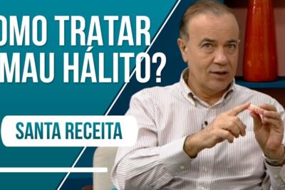 Thumbnail of a man gesturing in a studio with Portuguese text asking how to treat bad breath, mau tratamento 1