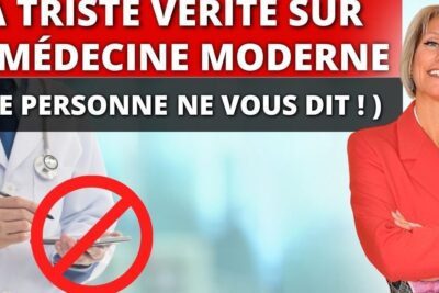 Doctor with stethoscope and a red prohibition symbol beside a smiling presenter highlighting medecine conventionnelle