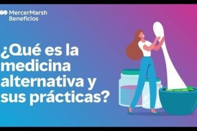 Woman preparing herbal remedies in a mortar with jars and a Spanish headline about medicina alternativa 5.