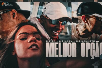 Stylized hip-hop collage cover featuring four performers in caps and sunglasses with bold lettering saying melhor opcao