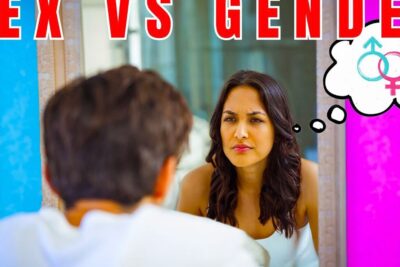 Woman looking into a mirror, contemplating sex vs gender with gender symbols in a thought bubble, mellem konnene 1