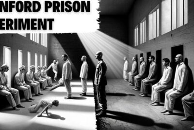 High-contrast black and white prison scene with rows of uniformed men and shafts of light illustrating menneskelig eksperimentering 2