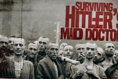 Emaciated concentration camp prisoners with shaved heads and gaunt faces beneath bold red documentary lettering, menneskelig eksperimentering 3.