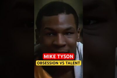 Close-up portrait of a young man with bold red and yellow text overlay about menneskelige evner and obsession versus talent.