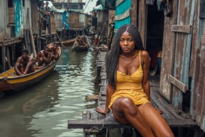 Woman in yellow dress seated on a narrow wooden walkway beside stilt houses and boats, menneskerettigheder vare