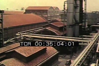 Overhead view of tiled warehouse roofs, chimneys and elevated pipelines at mercato comune 1 industrial complex.